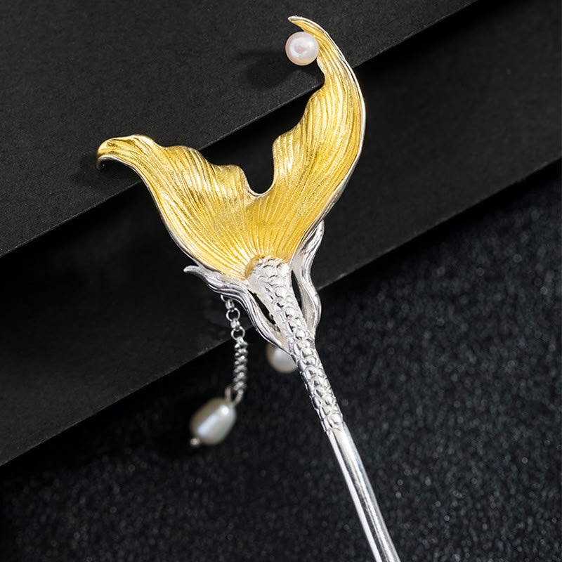 Nimara Ritual 925 Sterling Silver Classical Chinese Style Fish Tail Pearl Tassel Calm Hairpin