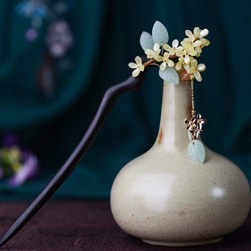 Nimara Ritual Natural Ebony Wood Osmanthus Tassel Balance Hairpin