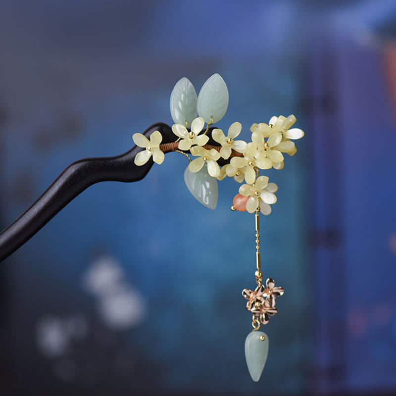 Nimara Ritual Natural Ebony Wood Osmanthus Tassel Balance Hairpin