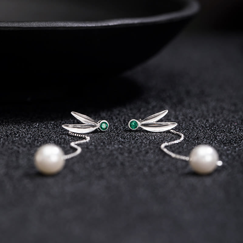 Nimara Ritual 925 Sterling Silver Zircon Pearl Bamboo Leaves Protection Drop Earrings
