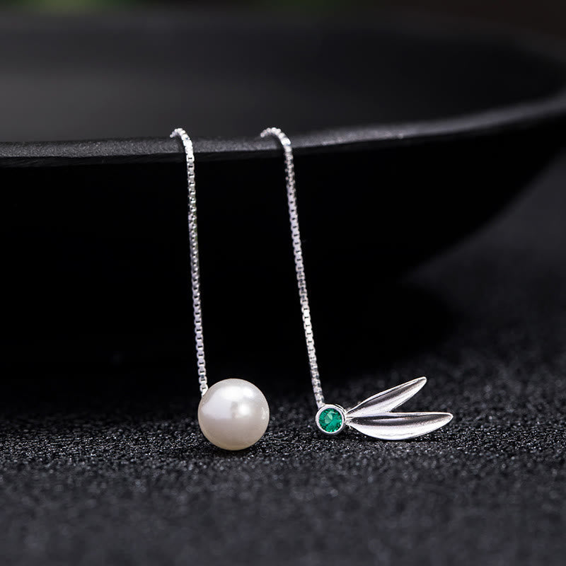 Nimara Ritual 925 Sterling Silver Zircon Pearl Bamboo Leaves Protection Drop Earrings