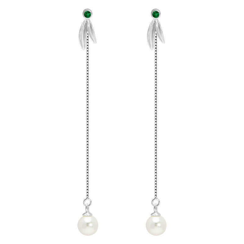 Nimara Ritual 925 Sterling Silver Zircon Pearl Bamboo Leaves Protection Drop Earrings