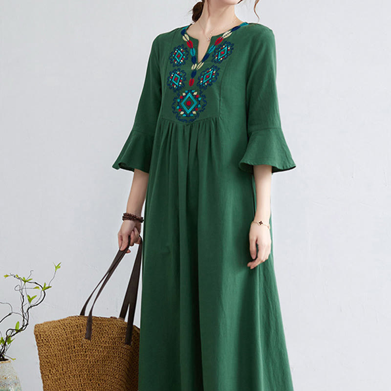 Nimara Ritual Casual Embroidered Flower Pattern V-neck Three Quarter Sleeve Design Cotton Linen Midi Dress