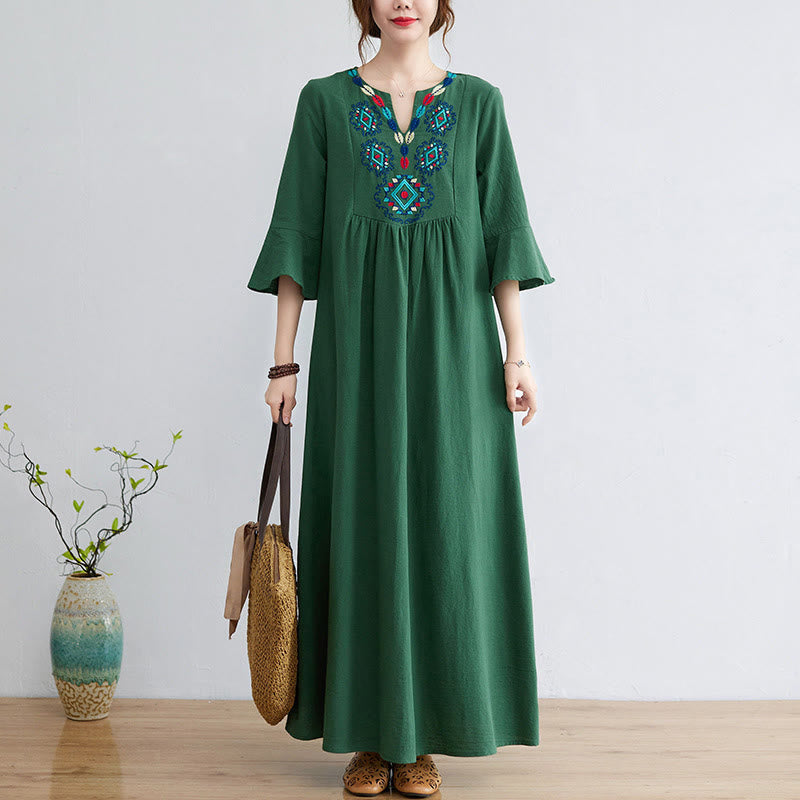 Nimara Ritual Casual Embroidered Flower Pattern V-neck Three Quarter Sleeve Design Cotton Linen Midi Dress