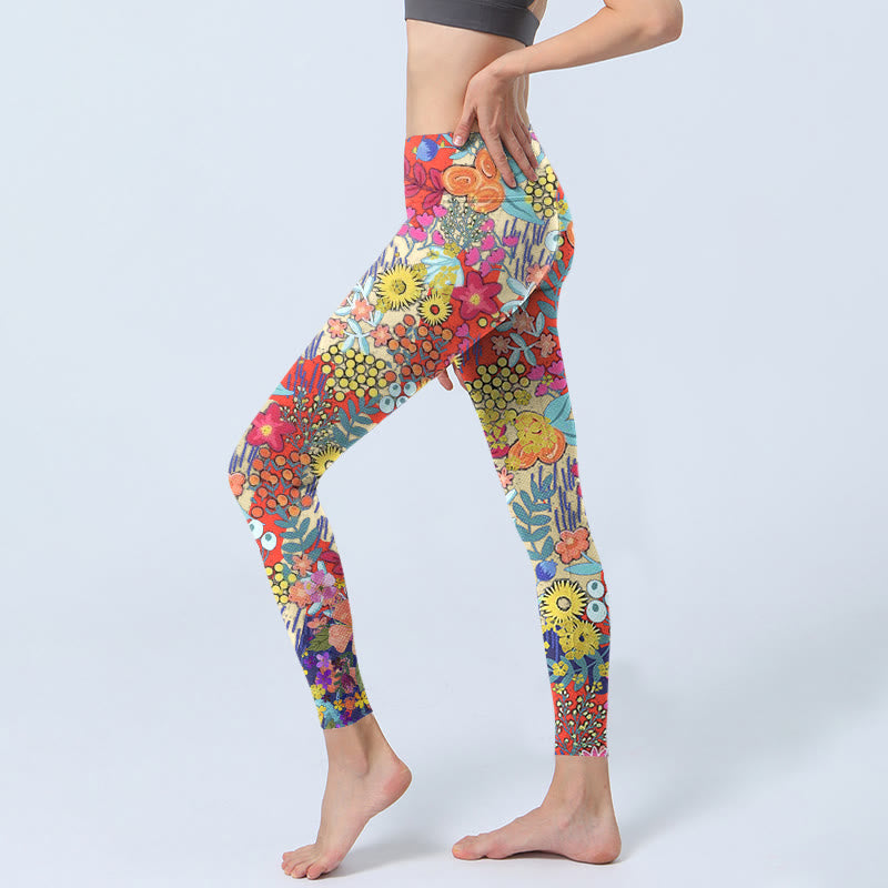 Nimara Ritual Colorful Flowers Leaves Print Gym Fitness Leggings Women's Yoga Pants