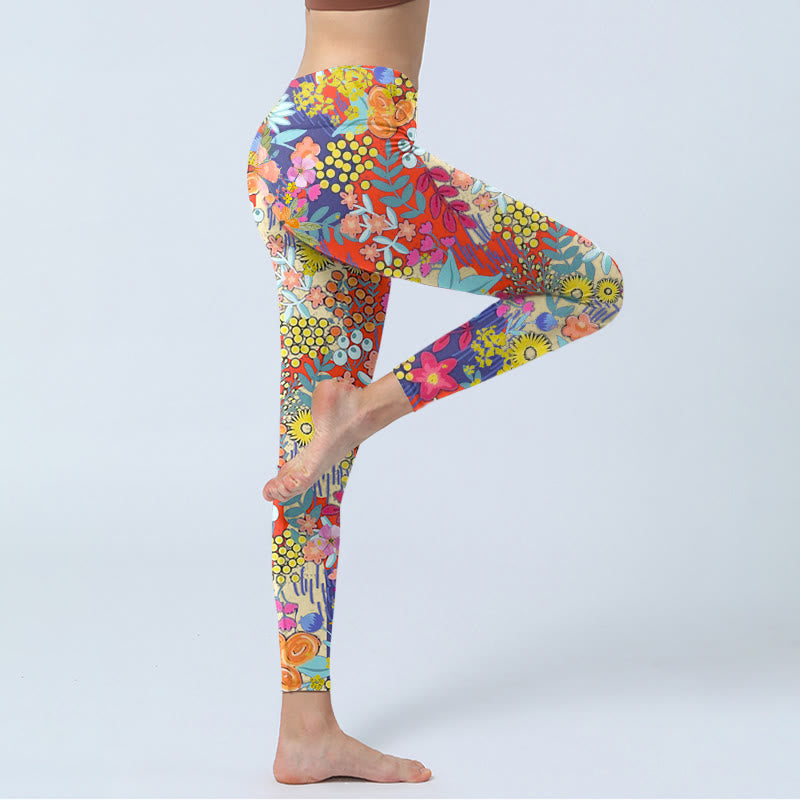 Nimara Ritual Colorful Flowers Leaves Print Gym Fitness Leggings Women's Yoga Pants