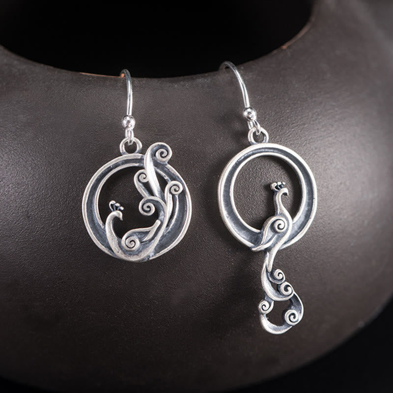 Nimara Ritual 925 Sterling Silver Round Asymmetry Peacock Fortune Earrings