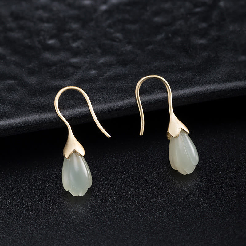 Nimara Ritual 925 Sterling Silver Hetian Jade Magnolia Abundance Drop Earrings