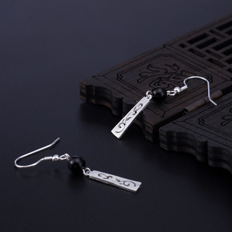 Nimara Ritual 925 Sterling Silver Black Onyx Hollow Vine Protection Drop Earrings