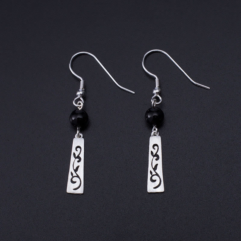 Nimara Ritual 925 Sterling Silver Black Onyx Hollow Vine Protection Drop Earrings
