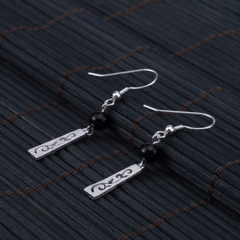 Nimara Ritual 925 Sterling Silver Black Onyx Hollow Vine Protection Drop Earrings
