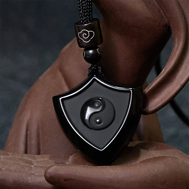Nimara Ritual Black Obsidian Shield Pattern Yin Yang Symbol Strength Necklace Pendant