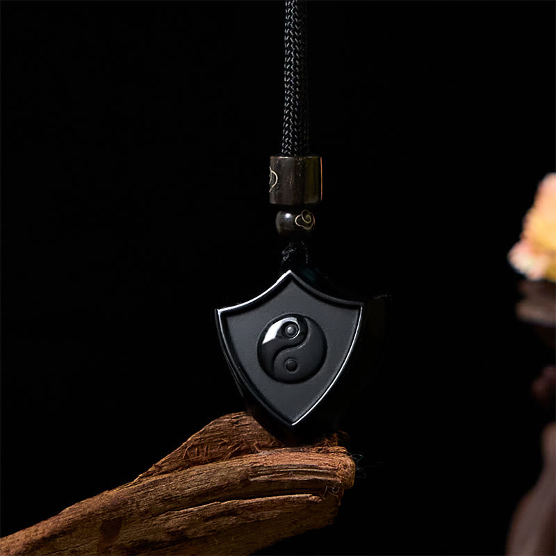 Nimara Ritual Black Obsidian Shield Pattern Yin Yang Symbol Strength Necklace Pendant