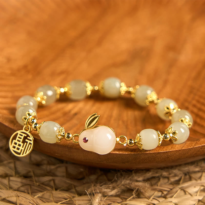 Nimara Ritual Natural Hetian Jade Fu Character Fu Brand Rabbit Abundance Bracelet