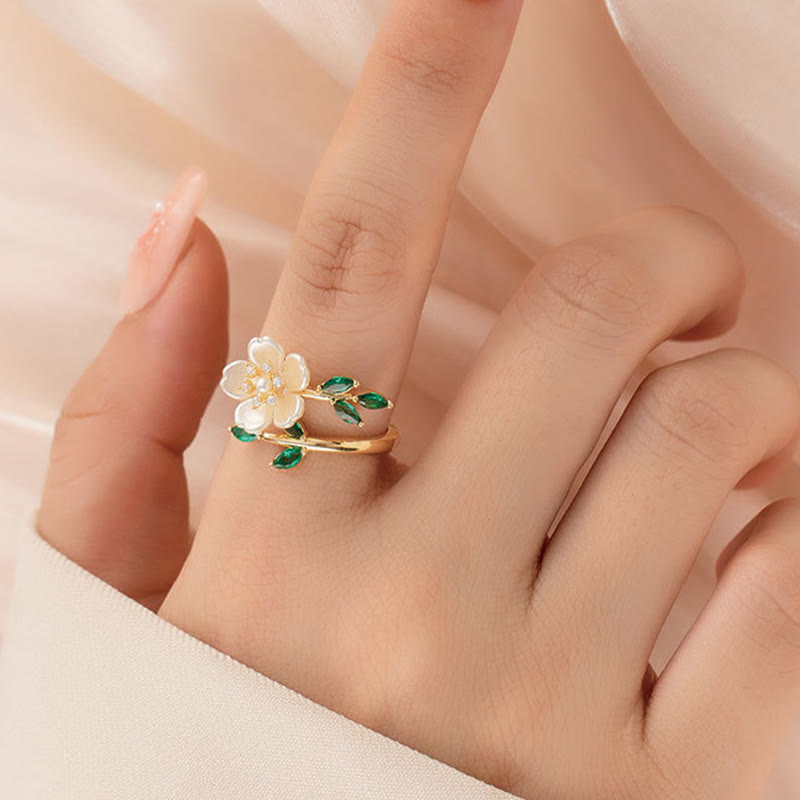 Nimara Ritual Pearl Flower Zircon Leaves Happiness Wealth Adjustable Ring