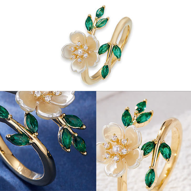 Nimara Ritual Pearl Flower Zircon Leaves Happiness Wealth Adjustable Ring