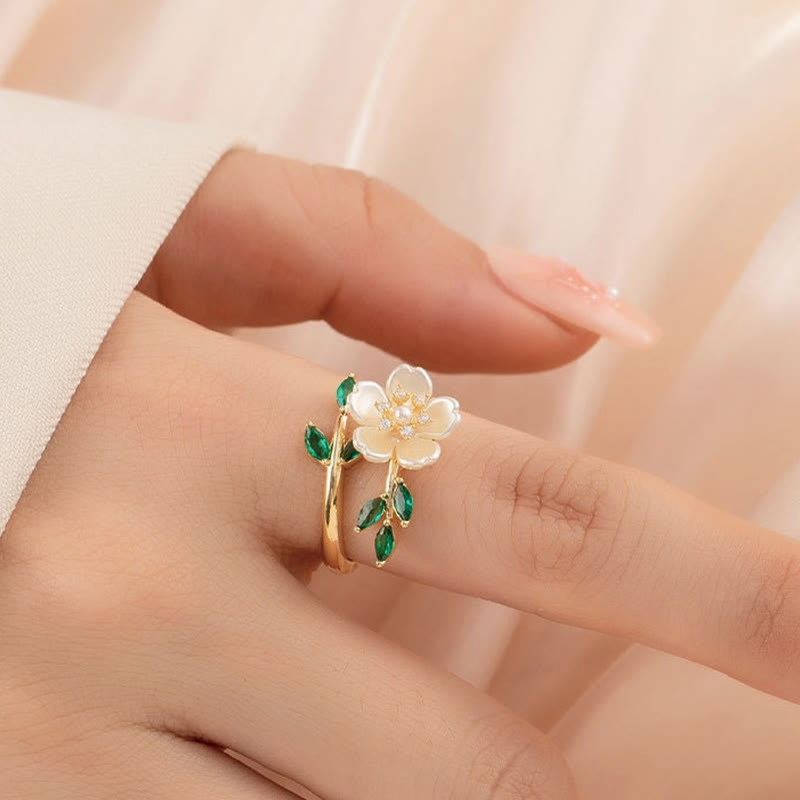 Nimara Ritual Pearl Flower Zircon Leaves Happiness Wealth Adjustable Ring