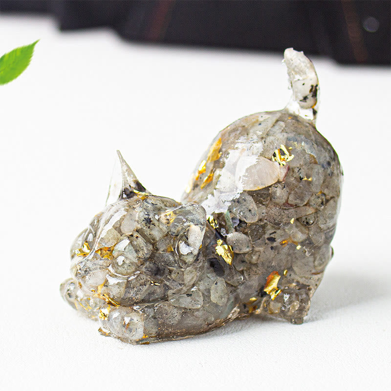 Nimara Ritual Stretching Cat Resin Crystal Gravel Meditation Decoration