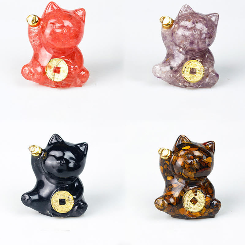 Nimara Ritual Lucky Cat Copper Coin Turquoise Labradorite Pink Crystal Amethyst Strength Home Decoration