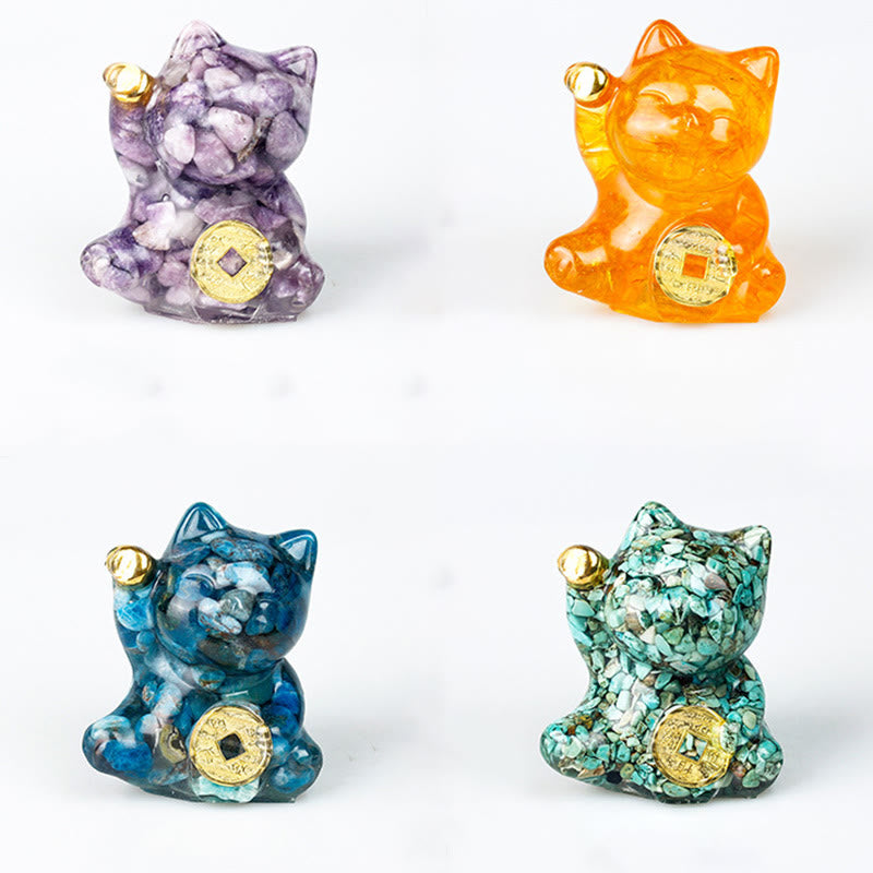 Nimara Ritual Lucky Cat Copper Coin Turquoise Labradorite Pink Crystal Amethyst Strength Home Decoration