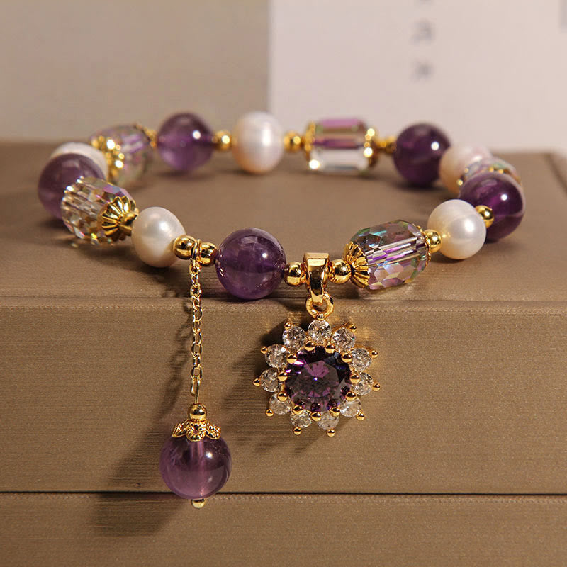 Nimara Ritual Natural Amethyst Pearl Sunflower Communication Bracelet