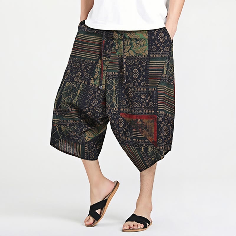 Nimara Ritual Ethnic Pattern Drawstring 7-8 Length Cotton Men's Harem Pants With Pockets