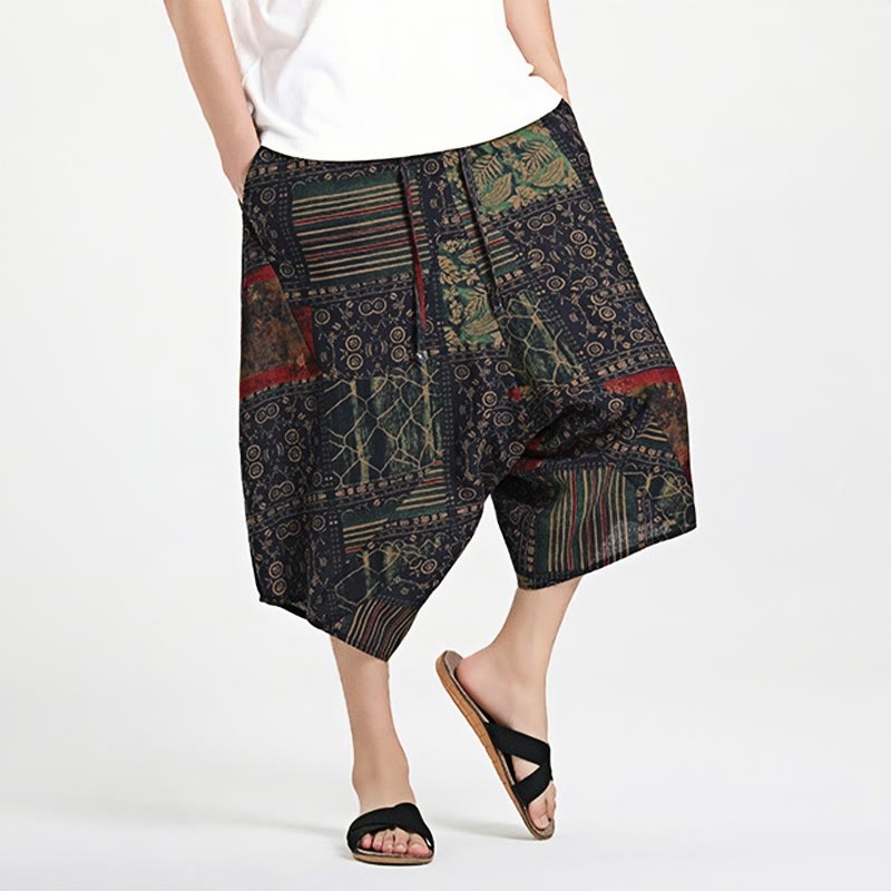 Nimara Ritual Ethnic Pattern Drawstring 7-8 Length Cotton Men's Harem Pants With Pockets