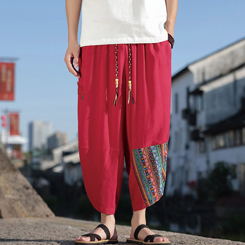 Nimara Ritual Bohemian Patchwork Pattern Cotton Drawstring Men's Wide Leg Pants With Pockets