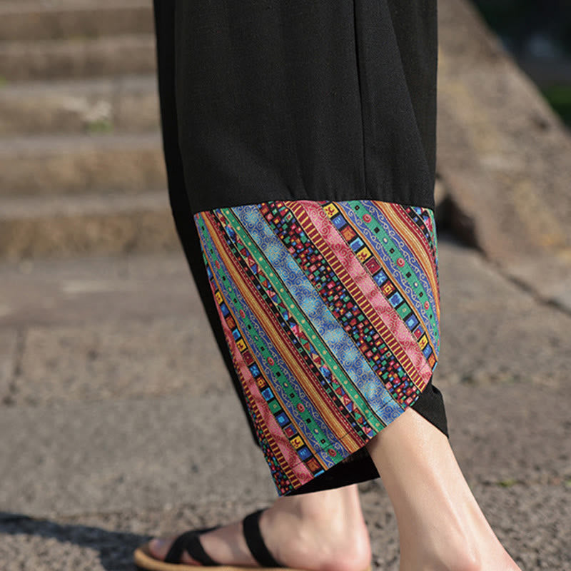 Nimara Ritual Bohemian Patchwork Pattern Cotton Drawstring Men's Wide Leg Pants With Pockets