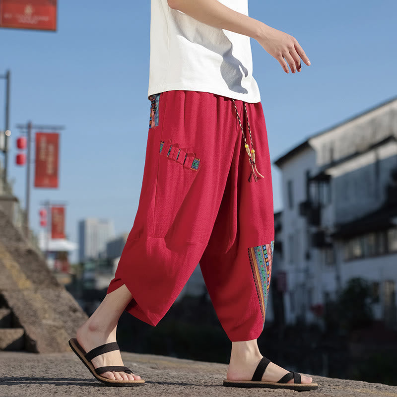 Nimara Ritual Bohemian Patchwork Pattern Cotton Drawstring Men's Wide Leg Pants With Pockets