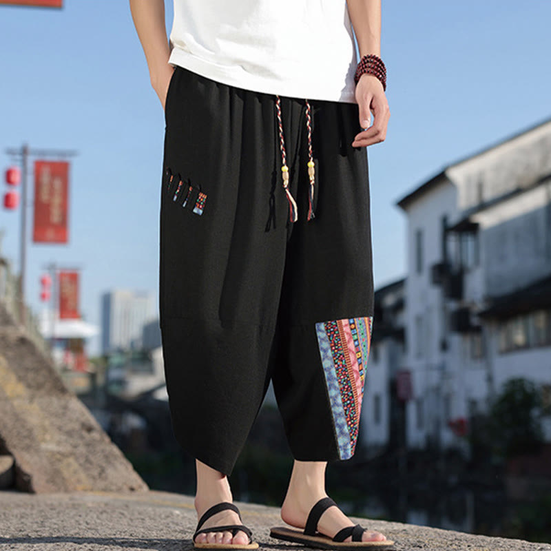 Nimara Ritual Bohemian Patchwork Pattern Cotton Drawstring Men's Wide Leg Pants With Pockets