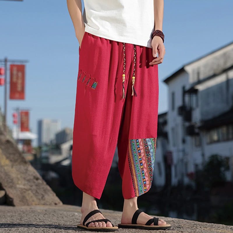Nimara Ritual Bohemian Patchwork Pattern Cotton Drawstring Men's Wide Leg Pants With Pockets