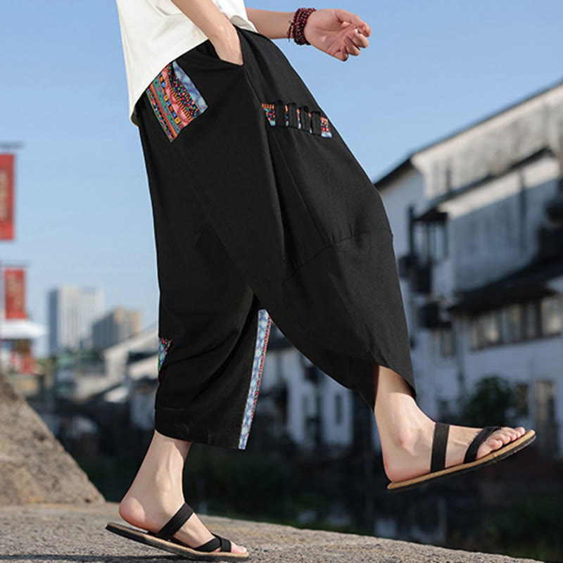 Nimara Ritual Bohemian Patchwork Pattern Cotton Drawstring Men's Wide Leg Pants With Pockets