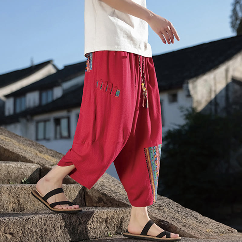 Nimara Ritual Bohemian Patchwork Pattern Cotton Drawstring Men's Wide Leg Pants With Pockets