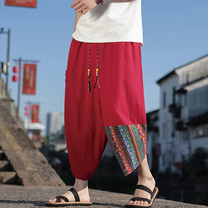 Nimara Ritual Bohemian Patchwork Pattern Cotton Drawstring Men's Wide Leg Pants With Pockets