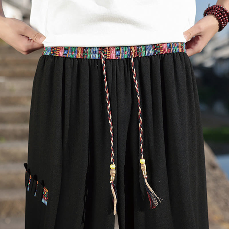 Nimara Ritual Bohemian Patchwork Pattern Cotton Drawstring Men's Wide Leg Pants With Pockets