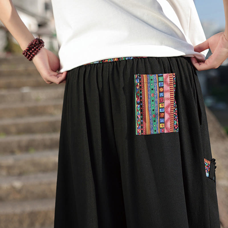 Nimara Ritual Bohemian Patchwork Pattern Cotton Drawstring Men's Wide Leg Pants With Pockets