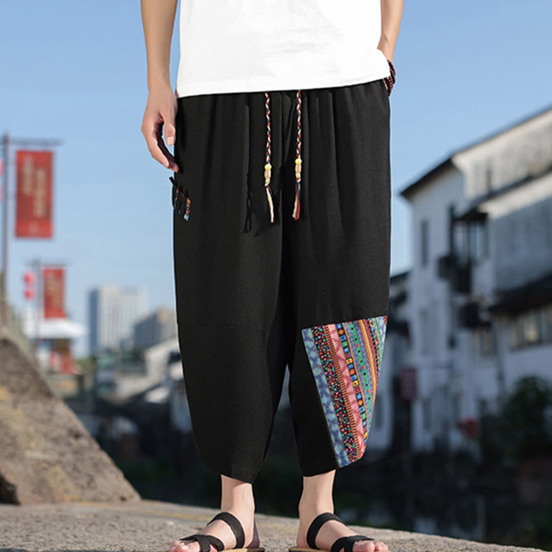 Nimara Ritual Bohemian Patchwork Pattern Cotton Drawstring Men's Wide Leg Pants With Pockets