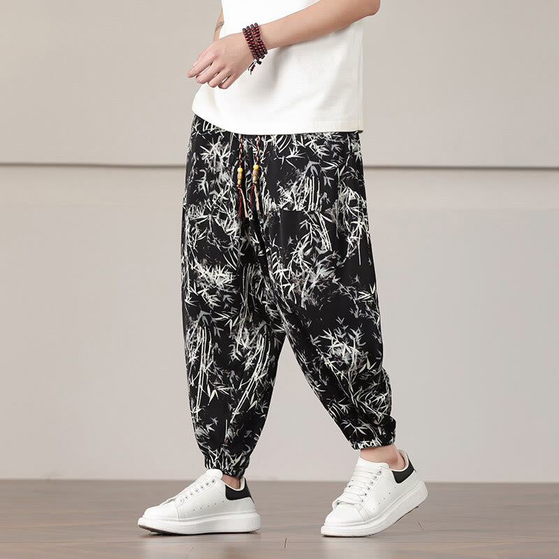 Nimara Ritual Bamboo Leaf Pattern Drawstring Men's Harem Pants With Pockets