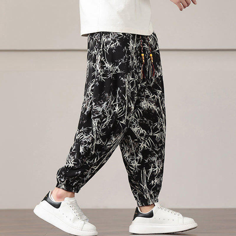 Nimara Ritual Bamboo Leaf Pattern Drawstring Men's Harem Pants With Pockets