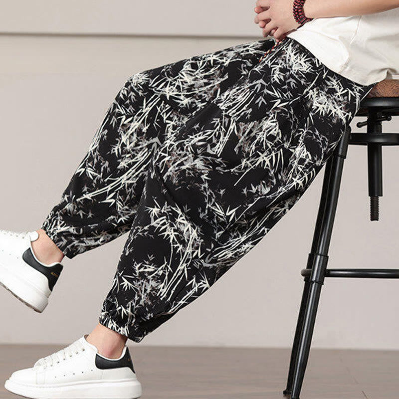 Nimara Ritual Bamboo Leaf Pattern Drawstring Men's Harem Pants With Pockets