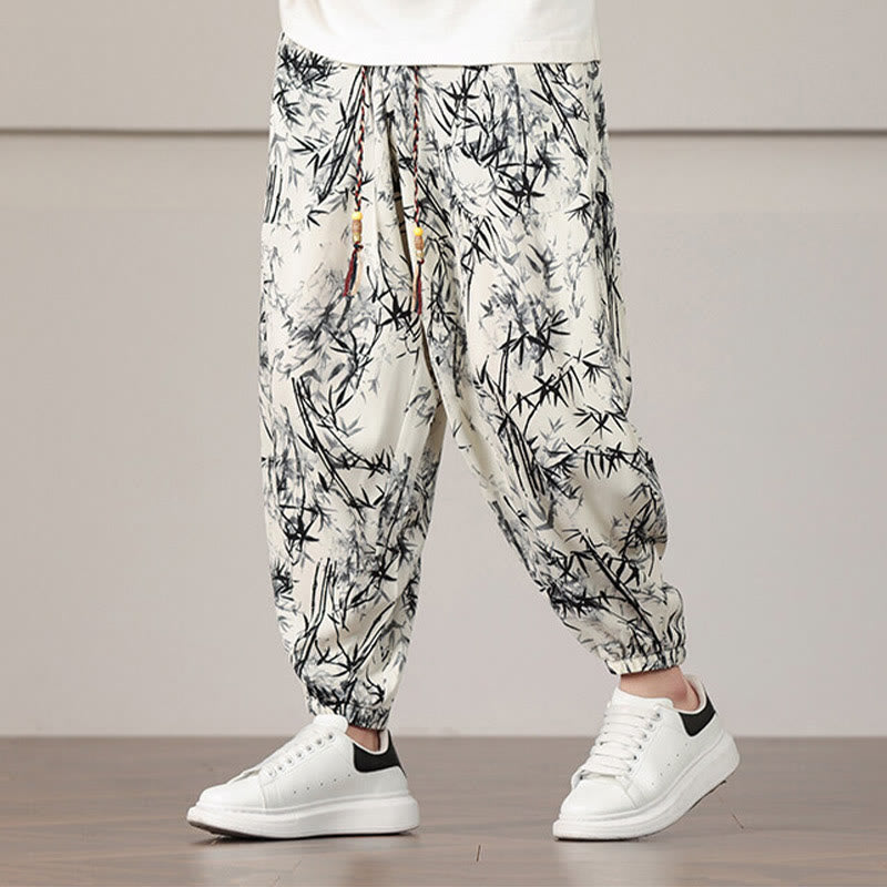 Nimara Ritual Bamboo Leaf Pattern Drawstring Men's Harem Pants With Pockets