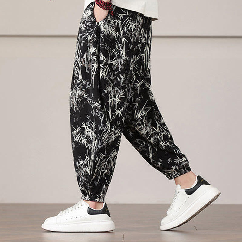 Nimara Ritual Bamboo Leaf Pattern Drawstring Men's Harem Pants With Pockets