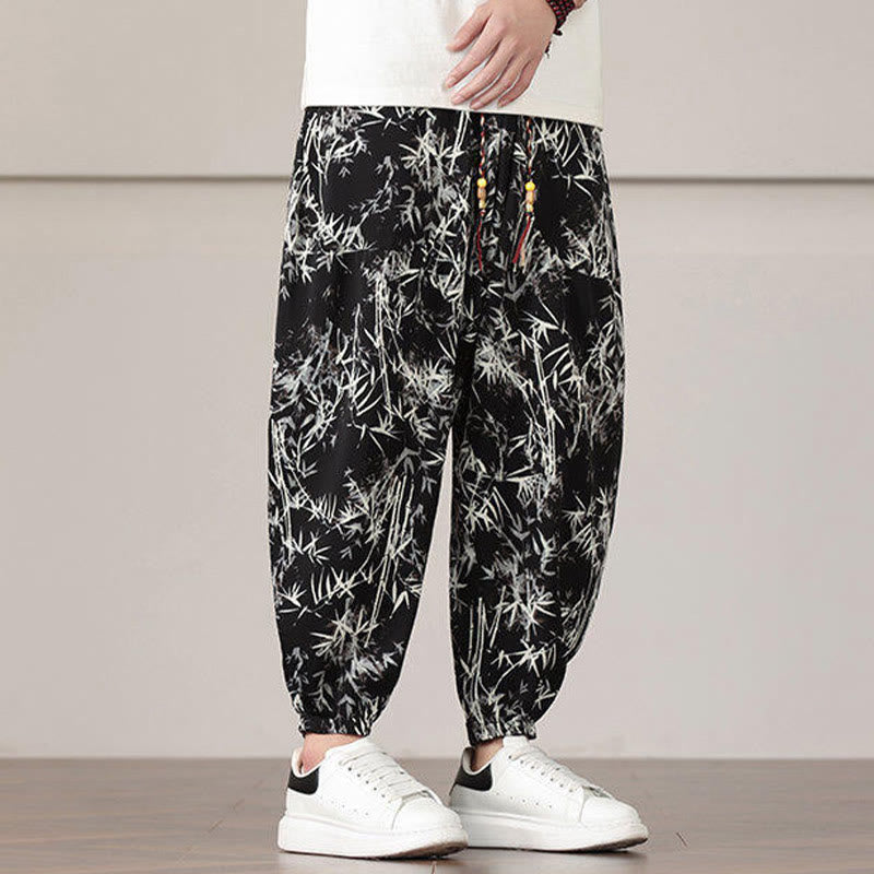 Nimara Ritual Bamboo Leaf Pattern Drawstring Men's Harem Pants With Pockets