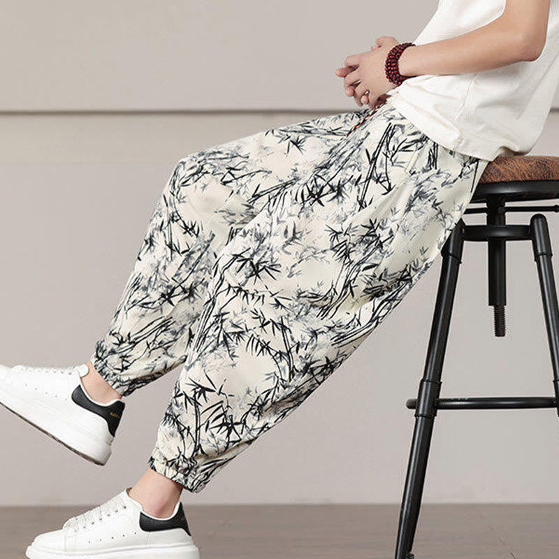 Nimara Ritual Bamboo Leaf Pattern Drawstring Men's Harem Pants With Pockets