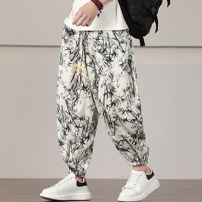 Nimara Ritual Bamboo Leaf Pattern Drawstring Men's Harem Pants With Pockets