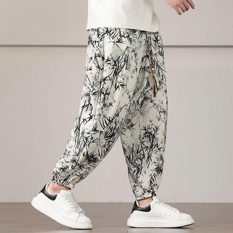 Nimara Ritual Bamboo Leaf Pattern Drawstring Men's Harem Pants With Pockets