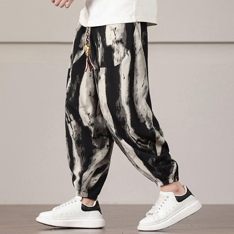 Nimara Ritual Stripe Pattern Drawstring Men's Harem Pants With Pockets
