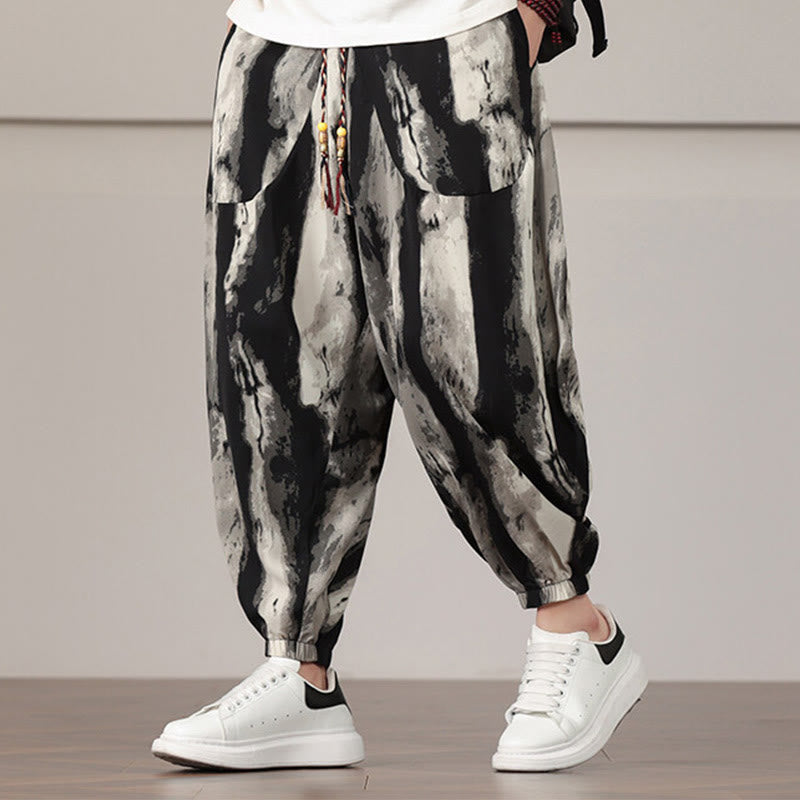 Nimara Ritual Stripe Pattern Drawstring Men's Harem Pants With Pockets