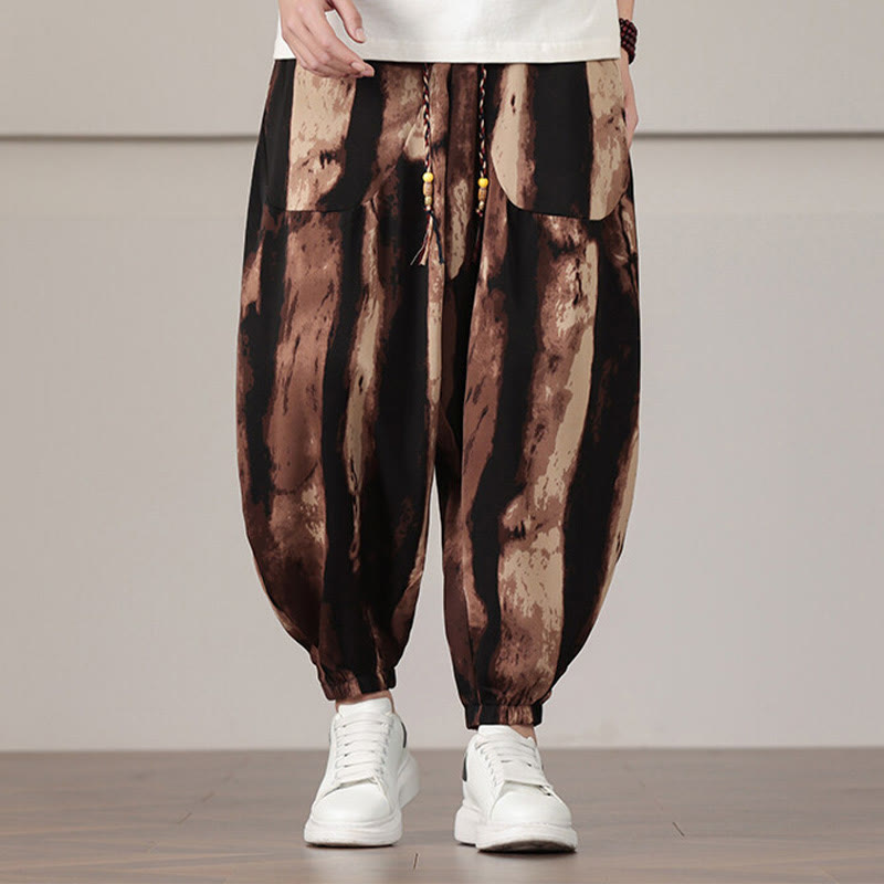 Nimara Ritual Stripe Pattern Drawstring Men's Harem Pants With Pockets
